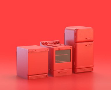 Kırmızı arka planda bulaşık makinesi, fırın ve buzdolabı, tek renk kırmızı 3d Simge, 3D renkte