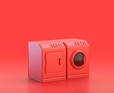 Kırmızı arka planda çamaşır makinesi ve kurutma makinesi, tek renk kırmızı 3d Simge, 3D renkte