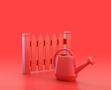 Bahçe çiti ve sulama kutusu kırmızı arka planda, tek renk tek renk kırmızı 3d Simge, 3D renkte