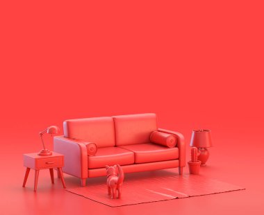 Kırmızı arka planda kanepesi olan minyatür iç oda, tek renkli kırmızı 3d Simge, 3D görüntüleme