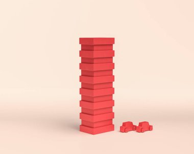 Minyatür Bina, 3d Simge, tek renkli kırmızı renk, düz ve katı biçim, 3d Renklendirme