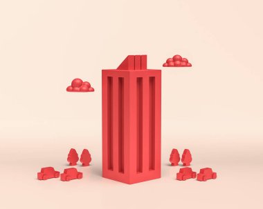 Küçük bulutlu ve arabalı minyatür binalar, 3d Simge, tek renkli kırmızı renk, düz ve katı tarzda, 3d Renklendirme