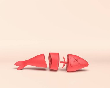 balık yemi, tek renkli 3D Simge, düz kırmızı ve beyaz arka plan, 3D Renklendirme, Deniz Yemeği