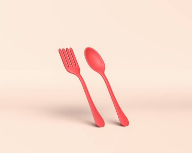 Düz kırmızı çatal ve kaşık tek renkli, düz kırmızı arkaplan ve beyaz arkaplan, üç boyutlu renkler, yemek masası öğeleri.