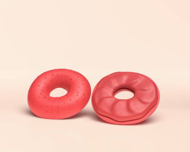 3D ikon tatlı, tek renkli koyu kırmızı arka plan, minyatür plastik şekerler, 3D renkte, sağlıksız.