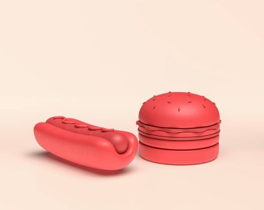 Minyatür fast food yemekleri, hamburger ve tek renkli sosisli sandviçler beyaz arka planda düz kırmızı renk, 3D Simge, 3D renkte restoran.