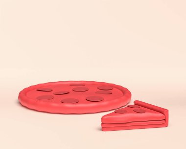 Minyatür fast food yemekleri, tam pizza ve dilimlenmiş pizza, beyaz arka planda tek renkli kırmızı renk, 3D Simge, 3D görüntüleme, restoran.