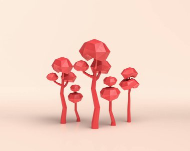 Düşük poli ağaçlar grubu, tek renkli kırmızı renk beyaz zemin üzerinde 3d Simge ağacı, katı düz renkler, 3d Renklendirme, web ve sosyal medya iletileri için