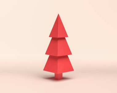 Hard Edge Pine Tree, monochrome flat red color 3D Icon on light background, 3d Rendering, for web clipart