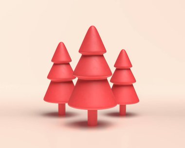 Üç Üniformalı Çam Ağacı, tek renkli kırmızı renk beyaz zemin üzerinde 3d Simge Ağacı, düz düz renkler, 3d Renklendirme, web ve sosyal medya iletileri için