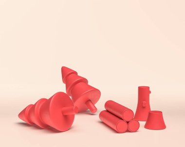 Ağaç kesen üniformalı çam ağaçları. Beyaz arkaplan üzerindeki tek renkli kırmızı renk, düz düz renkler, 3d Renklendirme, Web ve sosyal medya paylaşımları için iklim değişikliği