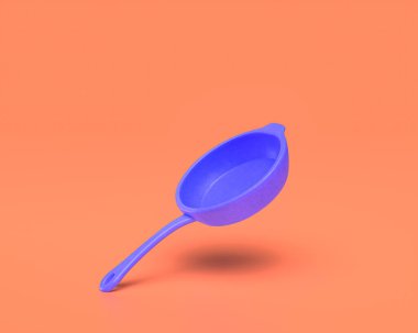 Savunma için basit bir kızartma tavası, bir plastik oyuncak, pembe turuncu arka planda çivit mavisi komik bir silah, 3D görüntüleme, birinci şahıs oyunları, RPG oyunları