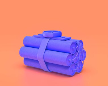 Bir paket tik-tak dinamit, plastik oyuncak, silah, çivit mavisi avcılık ve pembe turuncu arka plan, 3D yorumlama, birinci şahıs oyunları, roket oyunları
