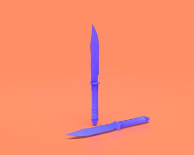 Plastik silah serisi, komando bıçağı, pembemsi arka planda Indigo mavisi kol, 3D görüntüleme, savaş, savaş ve kendini koruma, birinci şahıs nişancı oyunu öğesi, RPG oyunları