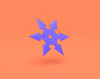 Plastik ninja yıldız oyuncağı, çivit mavisi av ve pembe turuncu arka planda macera silahı, 3D görüntüleme, birinci şahıs oyunları, roket oyunları.