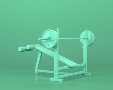 Yedek kulübesinde tam jimnastik malzemesi, tek renkli mavi arka plan, 3D renkler, elektrik hattı, fitness salonu araçları.