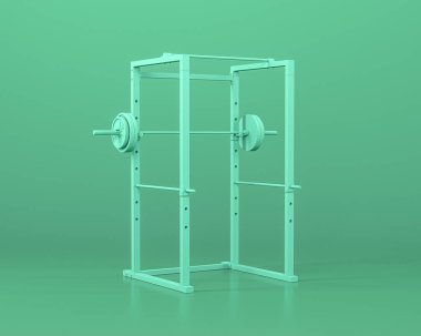 Bir Squat Rack Bar, spor aletleri, tek renkli mavi arka plan, 3D renkler, elektrik hattı, fitness salonu araçları.