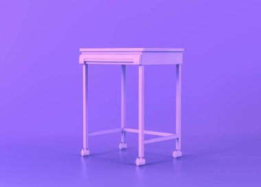 Mobil araba, düz tek renkli mor odada tıbbi ekipman, 3 boyutlu görüntüleme, izole hastane eşyaları.