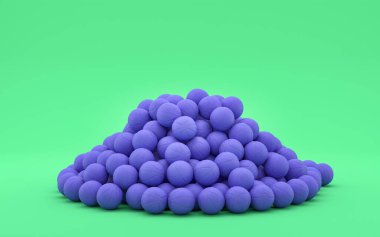 Basketbol topları tepesinde bir sürü basketbol topu düz tek renkli yeşil sahne, tek renk, sunum için 3D görüntü, web siteleri ve baskı.