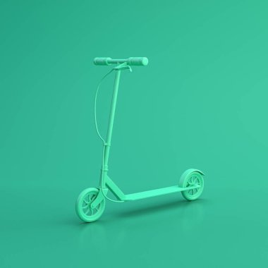 Tek renk stüdyo yeşil spor ekipmanı scooter yeşil arka planda, sağlam arka plan, düz zemin, 3D görüntüleme