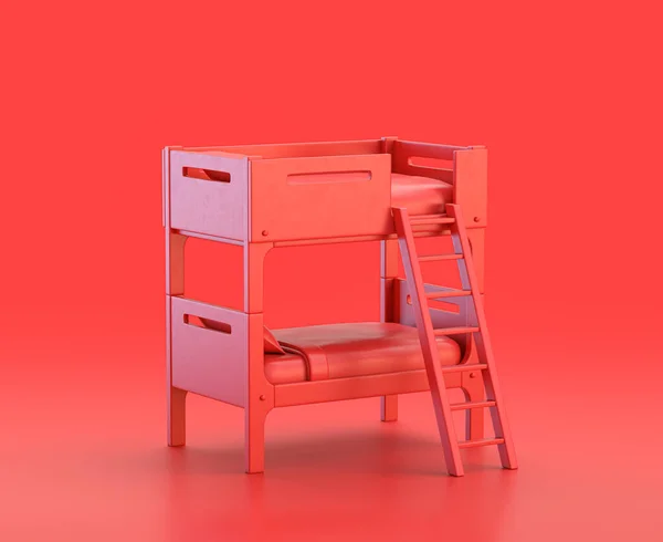 单色红3D图标 红色背景的双层床 3D渲染 家用物品 — 图库照片