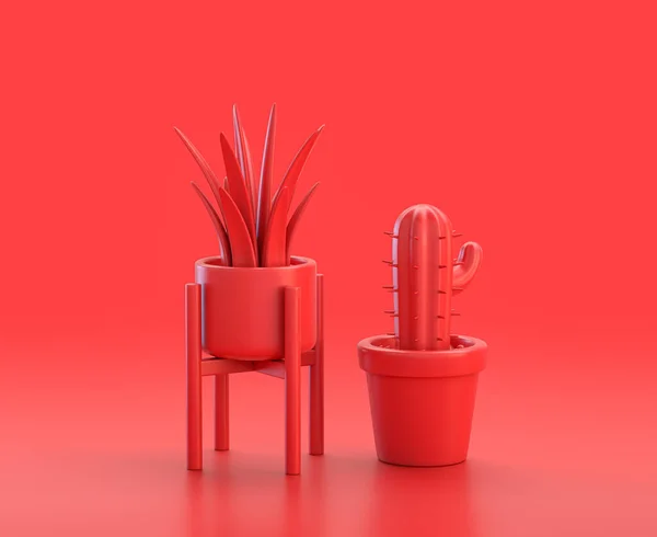 ev bitkisi ve kaktüs kırmızı arka planda, tek renk kırmızı 3d Simge, 3D görüntüleme
