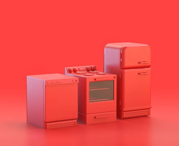 Πλυντήριο Πιάτων Φούρνο Και Ψυγείο Κόκκινο Φόντο Μονόχρωμο Ενιαίο Χρώμα — Φωτογραφία Αρχείου