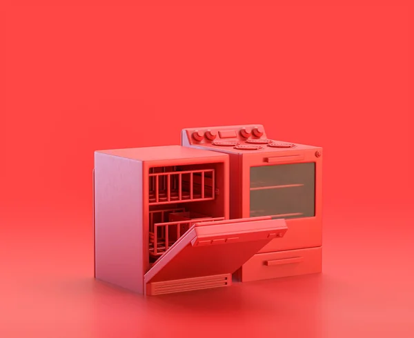 食器洗い機と赤の背景にオーブン モノクロ単色の赤3Dアイコン 3Dレンダリング — ストック写真