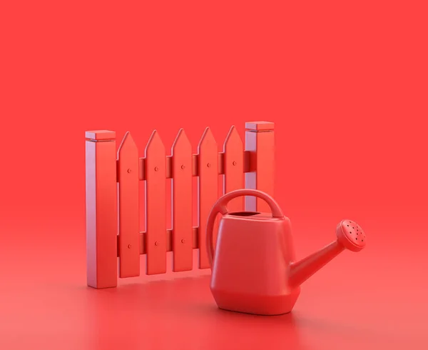 Bahçe çiti ve sulama kutusu kırmızı arka planda, tek renk tek renk kırmızı 3d Simge, 3D renkte