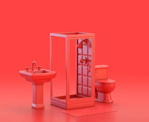 赤い背景のシャワー シンク クローゼット付きのミニバスルーム モノクローム単色の赤い3Dアイコン 3Dレンダリング — ストック写真