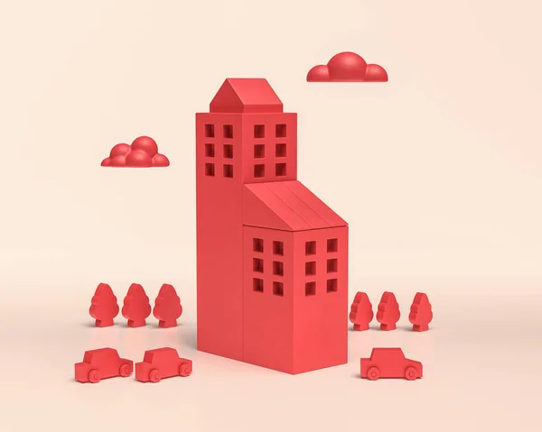 Miniature Buildings Small Clouds Cars Icon Monochrome Red Color Flat — Stock Photo, Image