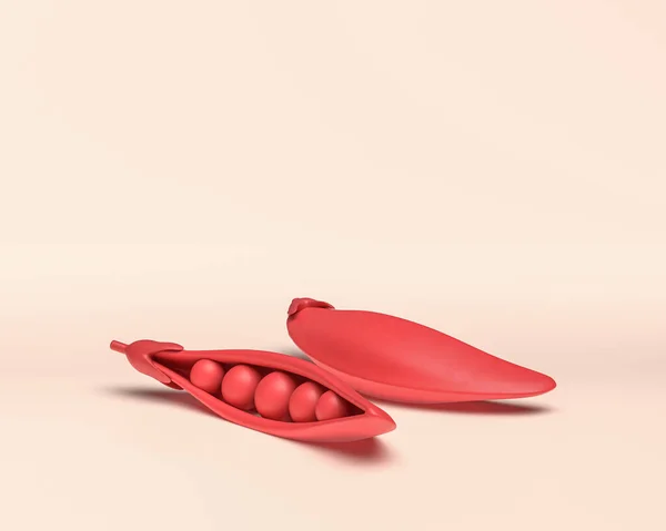Tek renkli bezelye kabuğu, bembeyaz arka planda düz kırmızı renkli, 3D Simge, 3D renkte, sağlıklı yemek, organik