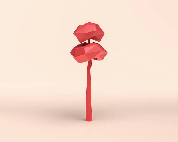 Stylized low poly  tree 3D Icon, monochrome flat red color on light background, 3d Rendering for web and social media posts