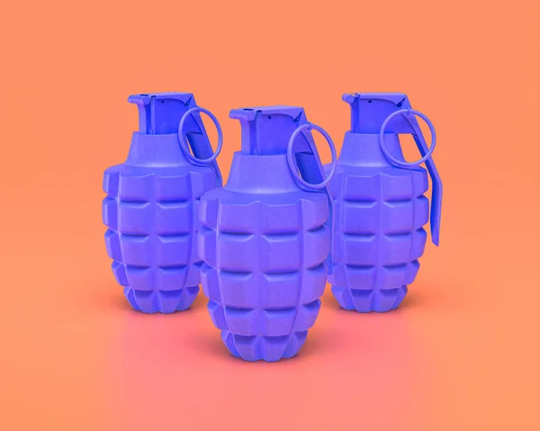 Plastic Weapon Serie Drei Granaten Indigo Blauer Arm Rosa Hintergrund — Stockfoto