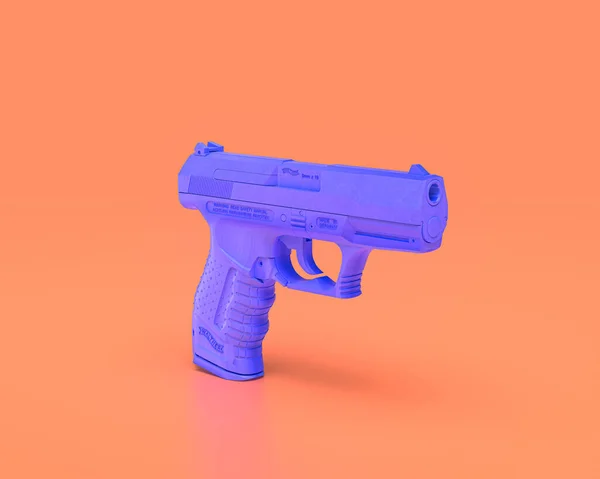 Único Handgun Indigo Canhão Mão Azul Fundo Rosado Renderização Guerra — Fotografia de Stock