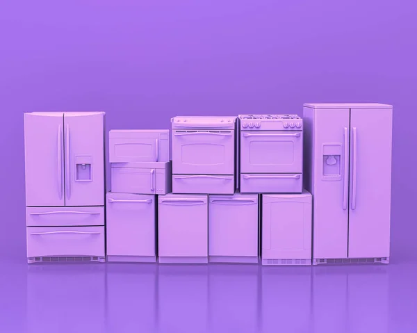 Kitchen appliances in monochrome single pink purple color room, 3d rendering, kitchen tools and machines, isolated