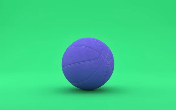 Düz tek renk yeşil sahnede tek basketbol topu, tek renk, sunum için 3D görüntüleme, web siteleri ve yazdırma