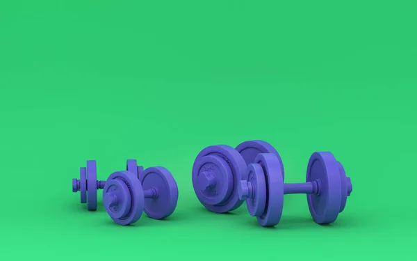 Violet Dumbbells Green Background Solid Background Flat Background Two Colors —  Fotos de Stock