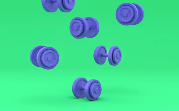 Фиолетовые Гантели Зеленом Фоне Сплошной Фон Плоский Фон Два Цвета — стоковое фото