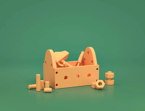 Speelkamer Met Gele Gereedschapskist Speelgoed Groene Achtergrond — Stockfoto