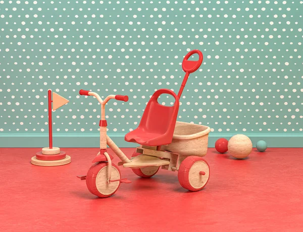 木製とプラスチック製のヴィンテージスタイルのプレイルームと三輪車とおもちゃ 緑と赤の背景にVelocipede 3Dレンダリング — ストック写真
