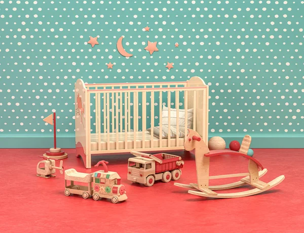 Holz Und Kunststoff Vintage Stil Spielzimmer Mit Bett Und Spielzeug — Stockfoto