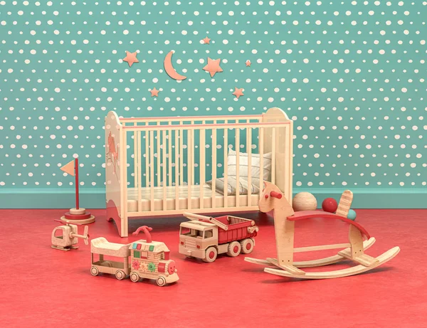 Madeira Plástico Estilo Vintage Playroom Com Cama Brinquedos Fundo Verde — Fotografia de Stock