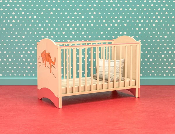带有婴儿床的木制和塑料复古风格的游戏室 绿色和红色烧烤床的婴儿床 — 图库照片