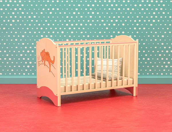 Wood Plastic Vintage Style Playroom Baby Bed Crib Green Red —  Fotos de Stock