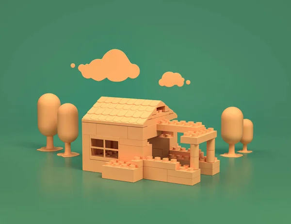 Spielzimmer Mit Einem Gelben Lego Haus Und Bäumen Auf Grünem — Stockfoto