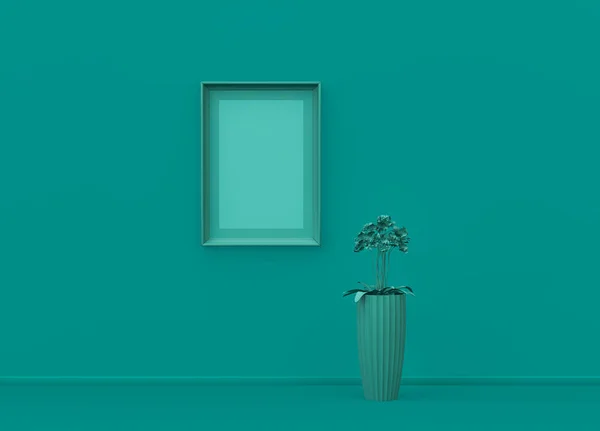 Poster frame mockup scene in plain monochrome green color with single plant and single picture frame. Green background with copy space. 3D rendering, frame template