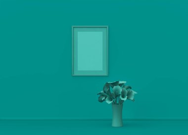 Çerçeve paspaslı tek dikey poster çerçevesi ve düz yeşil renk odasında tek renk konsepti, üç boyutlu görüntüleme, çerçeve düzenleme odası