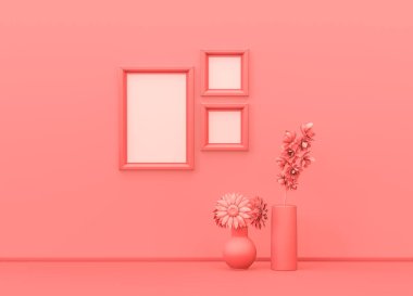 Dekoratif vazolar, bitkiler ve kare ve dikey poster çerçeveleriyle düz tek renkli poster odası. Kopyalama alanı olan ışık arkaplanı. 3B görüntüleme, duvardaki resim çerçeveleri