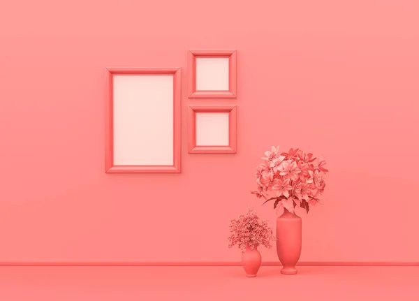 Innenraum Schlicht Monochromer Rosa Farbe Mit Quadratischen Und Vertikalen Bilderrahmen — Stockfoto